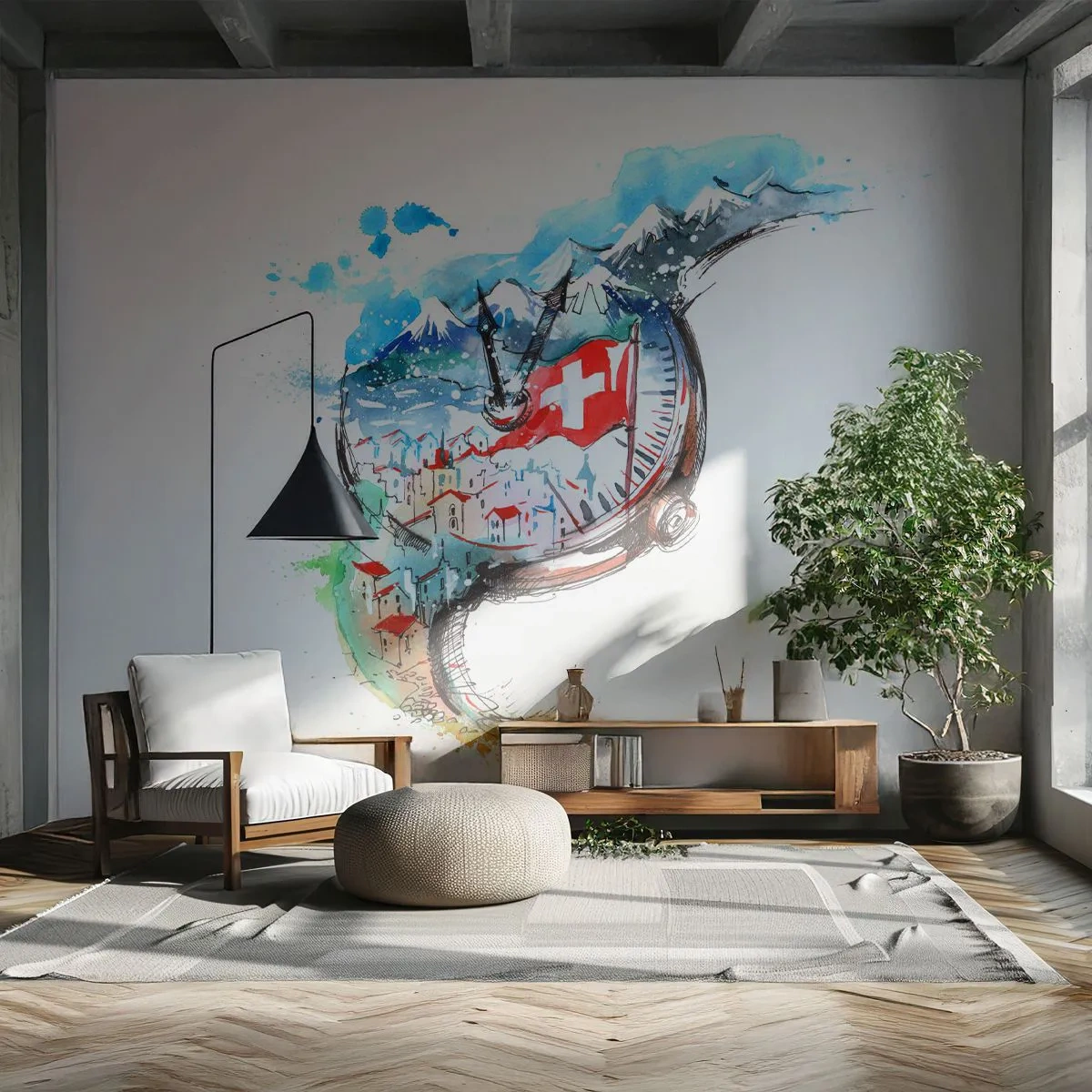 Tapet Standard Eco - Un ceas cu un peisaj al Alpilor Elvețieni și un steag - 100x70cm - Spiritul Elveției - Decorațiune modernă pentru perete pentru living și dormitor ARTTOR