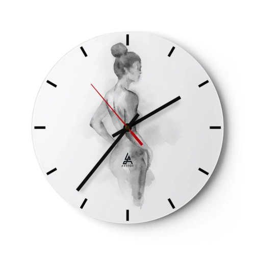 Ceas de perete - Ceas pe sticlă - O siluetă a unei femei pictată în acuarelă în nuanțe de gri. - 30x30cm - Frumoasă ca o pictură - Decorațiune modernă pentru perete pentru living, bucătărie și dormitor ARTTOR