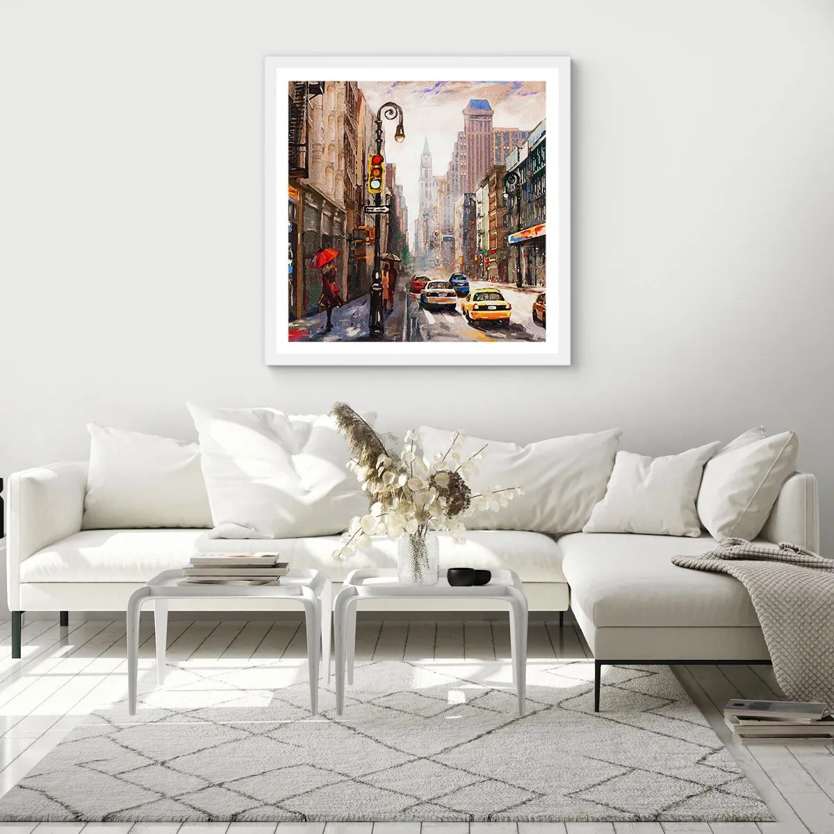 Poster în ramă albă - New York - plin de culoare și în ploaie - 60x60 cm