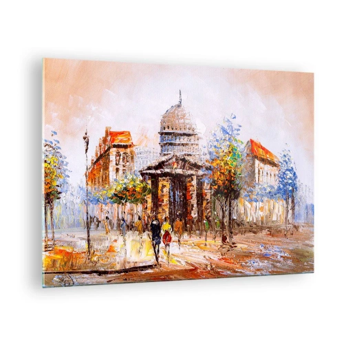 Tablou pe sticlă - O stradă pitorească a orașului, cu o clădire istorică în fundal - 70x50cm - O plimbare pariziană - Decorațiune modernă pentru perete pentru living și dormitor ARTTOR