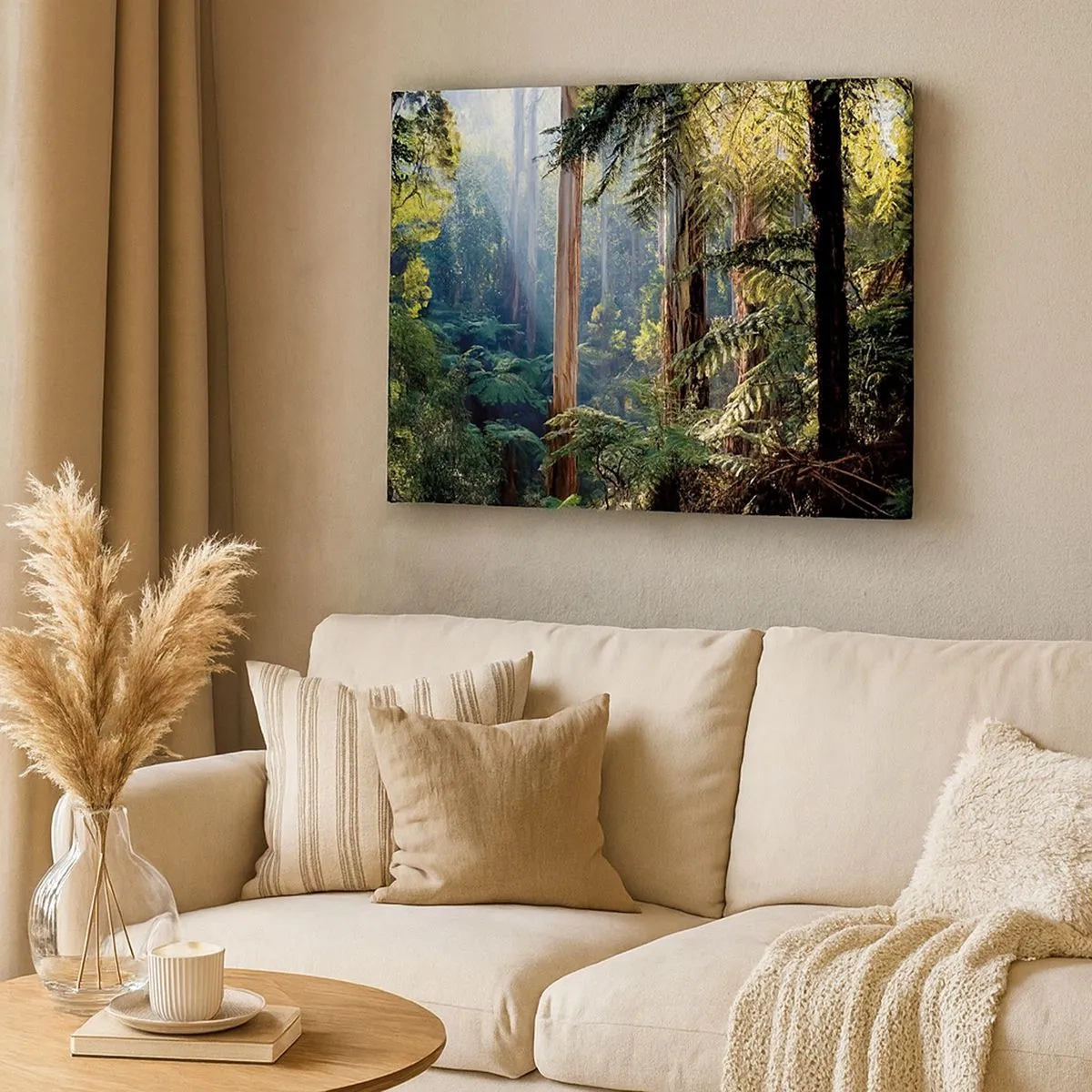 Tablou pe pânză Canvas - Pădurea tropicală iluminată de razele soarelui - 70x50cm - O poveste din pădure - Decorațiune modernă pentru perete pentru living și dormitor ARTTOR