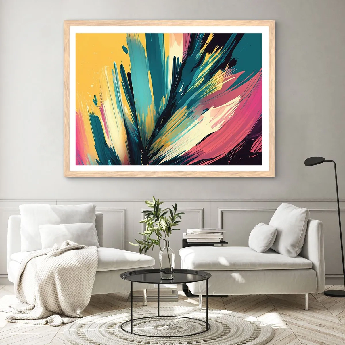 Poster în ramă de stejar deschis - Compoziția - o explozie de bucurie - 100x70 cm