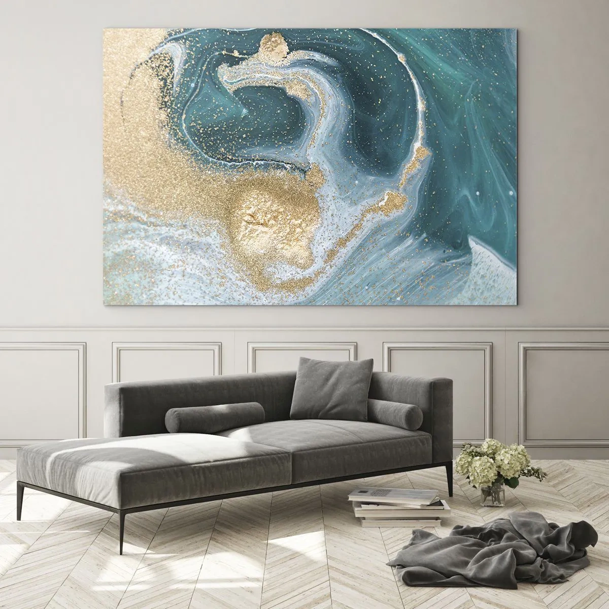 Tablou pe sticlă - Aur pe valuri turcoaz într-un stil abstract - 70x50cm - Vârtej de aur și turcoaz - Decorațiune modernă pentru perete pentru living și dormitor ARTTOR