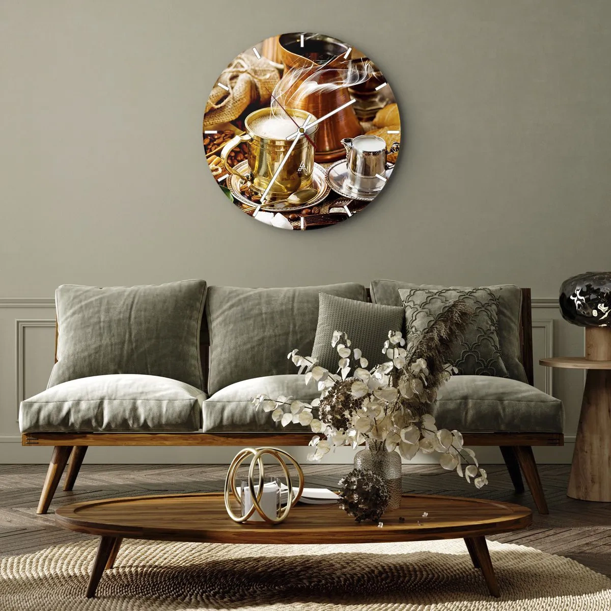 Ceas de perete - Ceas pe sticlă - O ceașcă de cafea aburindă într-o ramă aurie cu accesorii - 30x30cm - O zi bună! - Decorațiune modernă pentru perete pentru living, bucătărie și dormitor ARTTOR