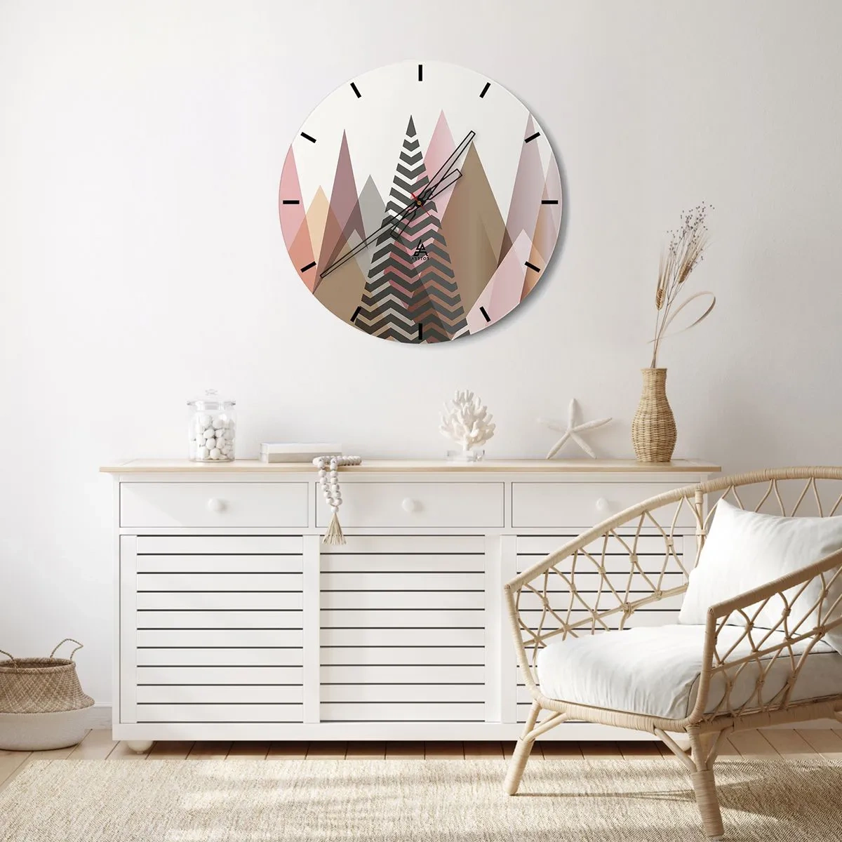 Ceas de perete - Ceas pe sticlă - Munți și copaci geometrici în nuanțe pastelate - 30x30cm - Construcție piramidală - Decorațiune modernă pentru perete pentru living, bucătărie și dormitor ARTTOR
