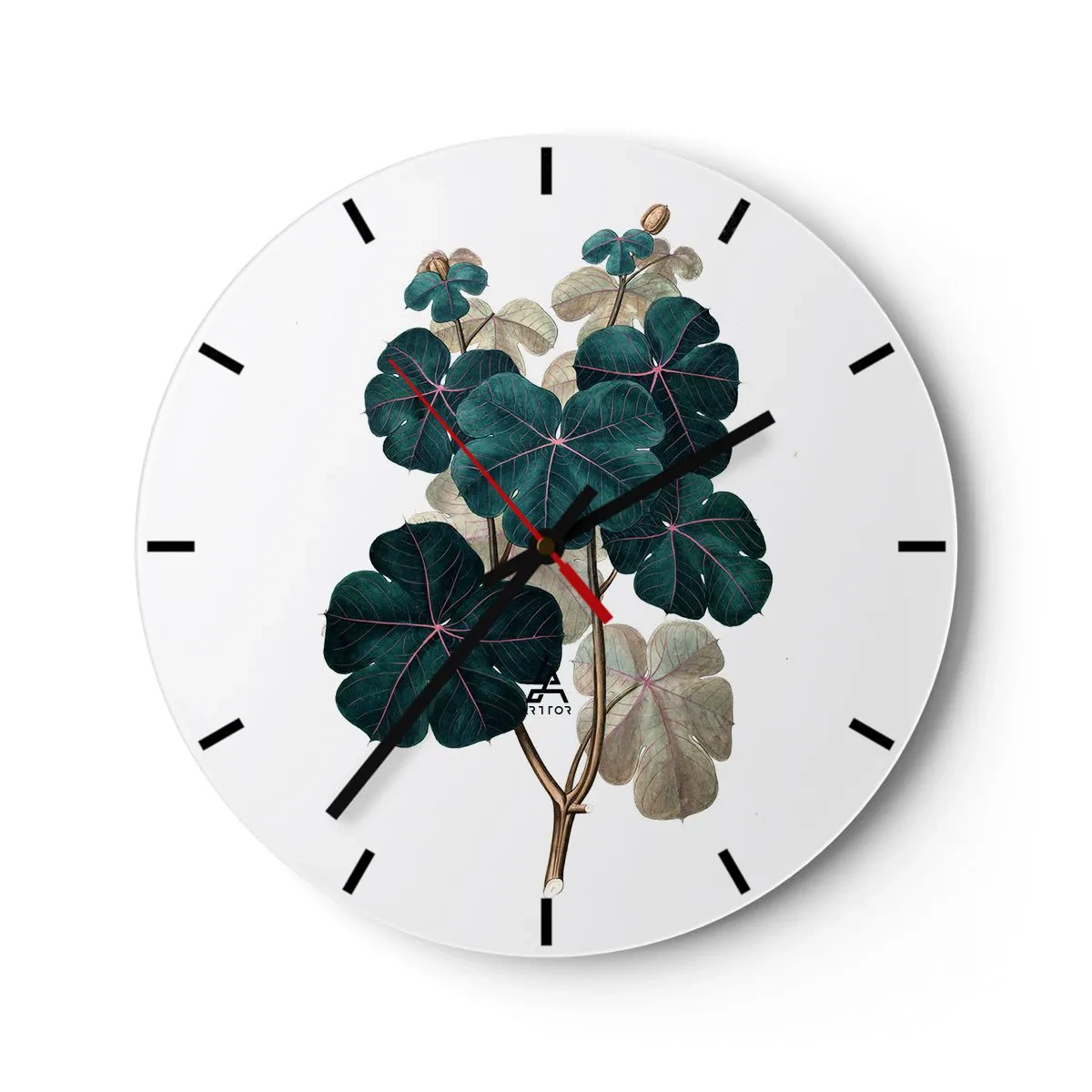 Ceas de perete - Ceas pe sticlă - Desen botanic cu frunze în nuanțe de verde și violet - 30x30cm - Dintr-un vechi ierbar - Decorațiune modernă pentru perete pentru living, bucătărie și dormitor ARTTOR