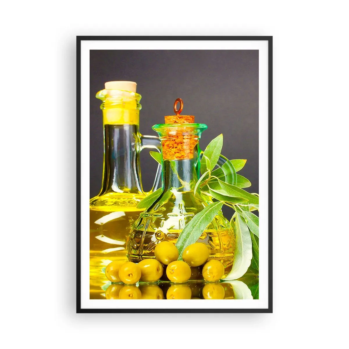 Poster în ramă neagră - Natură moarte cu măsline și ulei - 70x100 cm
