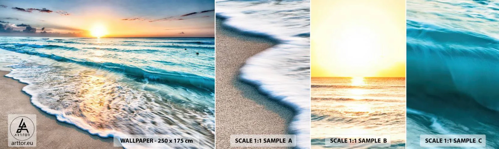 Mostră tapet autocolant Deluxe Sticker - Priveliștea cu apus de soare - Peisaj, plajă, Apus de soare - 100x30 cm