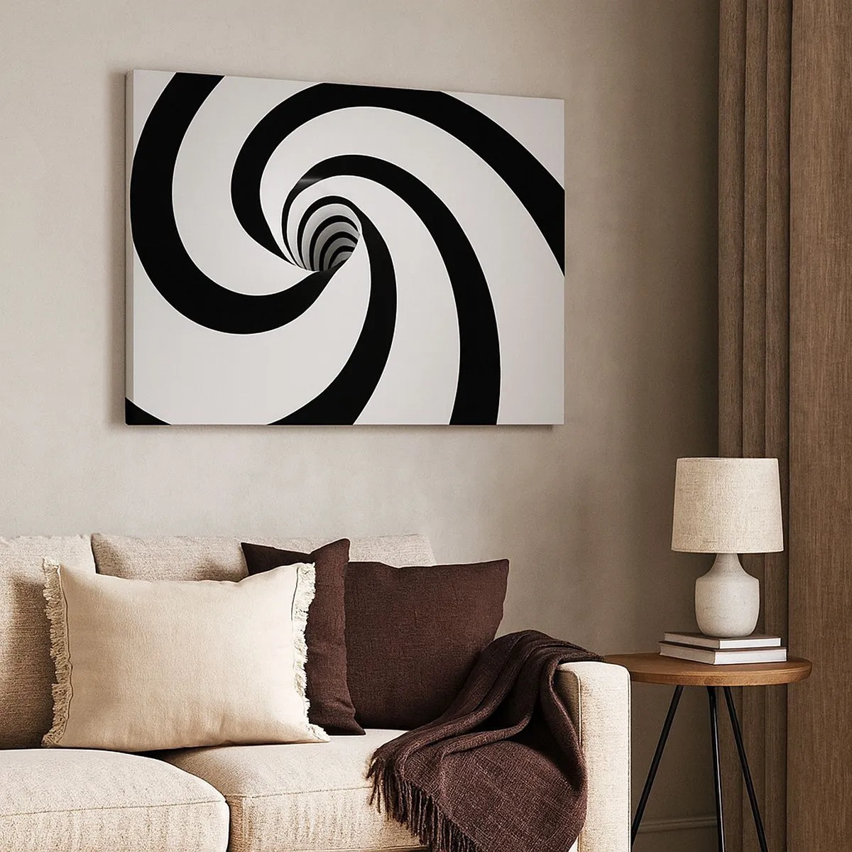 Tablou pe pânză Canvas - Spirală abstractă alb-negru cu efect de vârtej - 70x50cm - Să te predai vortexului? - Decorațiune modernă pentru perete pentru living și dormitor ARTTOR