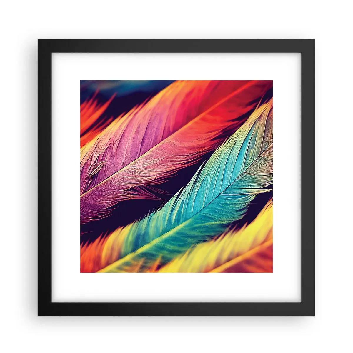 Poster în ramă neagră - Curcubeu cu pene - 30x30 cm