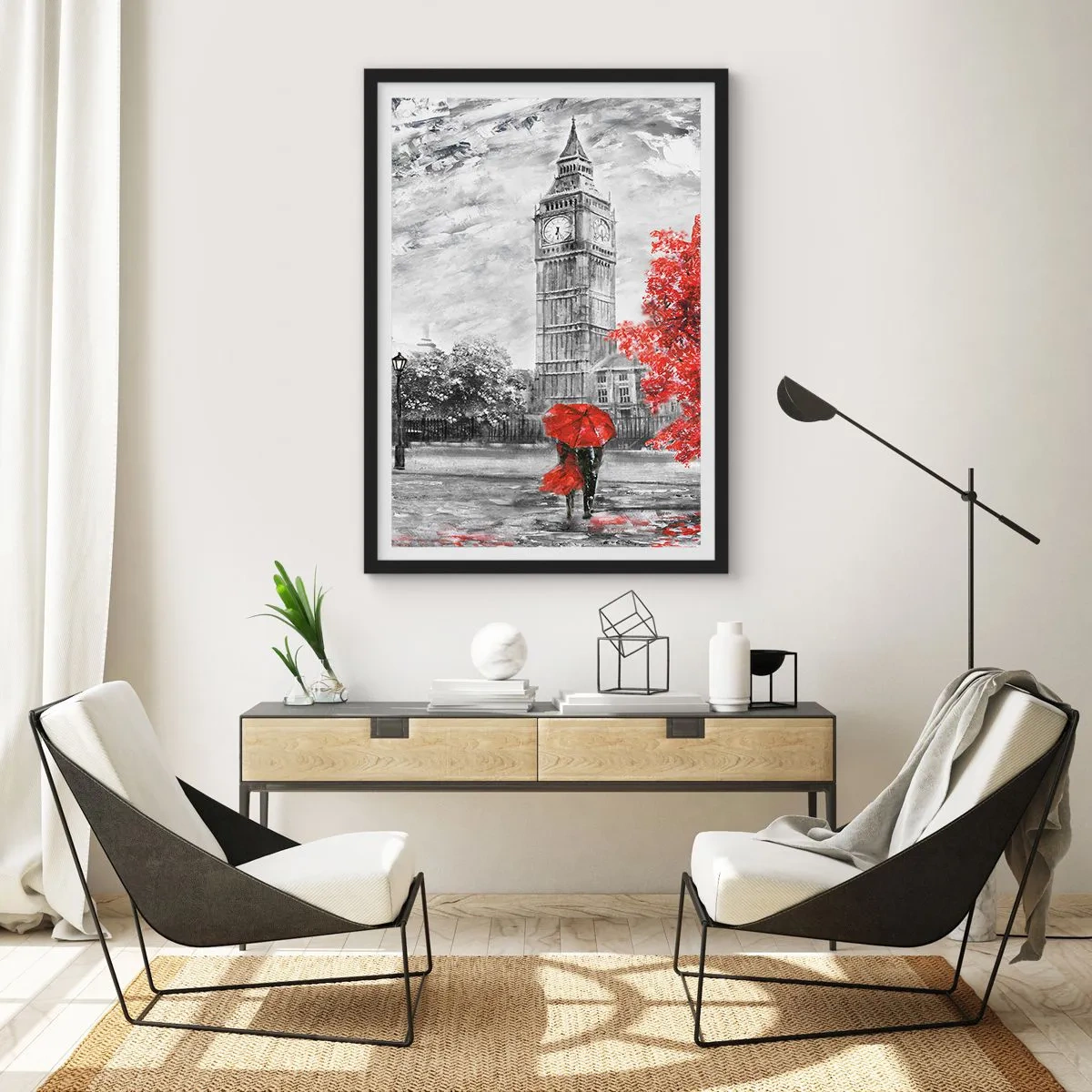 Poster în ramă neagră - Turnul cu ceas cu umbrelă roșie - 50x70cm - O zi excitantă - Decorațiune modernă pentru perete pentru living și dormitor ARTTOR