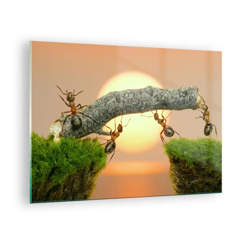 Tablou pe sticlă - Furnicile construiesc un pod la apus - 70x50cm - Cooperare veselă - Decorațiune modernă pentru perete pentru living și dormitor ARTTOR