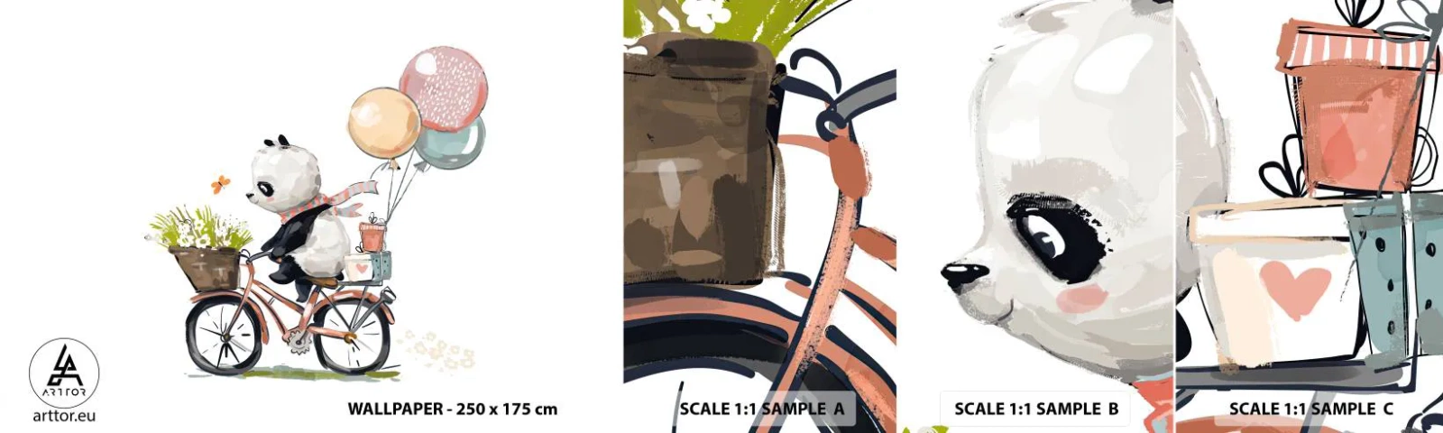 Mostră de Tapet Standard Eco - O zi fericită - Pentru copii, Panda pe bicicletă, Abstracția - 100x30 cm