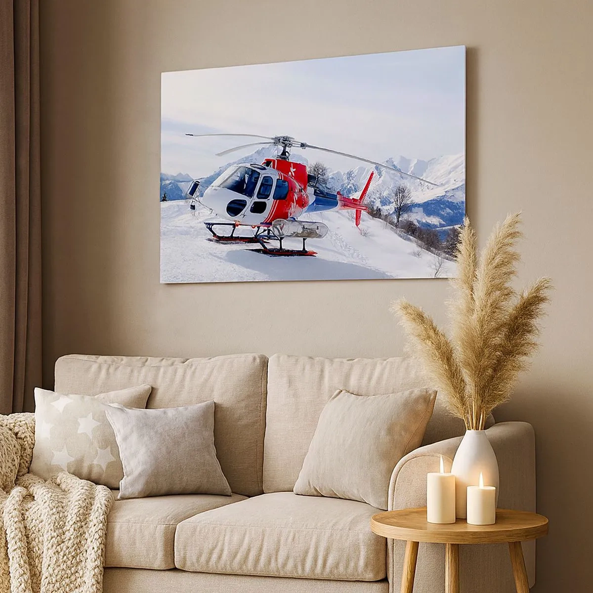 Tablou pe pânză Canvas - Un elicopter roșu pe fundalul unui peisaj montan înzăpezit. - 70x50cm - Întotdeauna gata - Decorațiune modernă pentru perete pentru living și dormitor ARTTOR