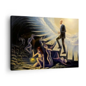 Tablou pe pânză Canvas - O scenă simbolică a drumului spre lumină printr-o scară dărăpănată - 70x50cm - O călătorie dantescă spre lumină - Decorațiune modernă pentru perete pentru living și dormitor ARTTOR