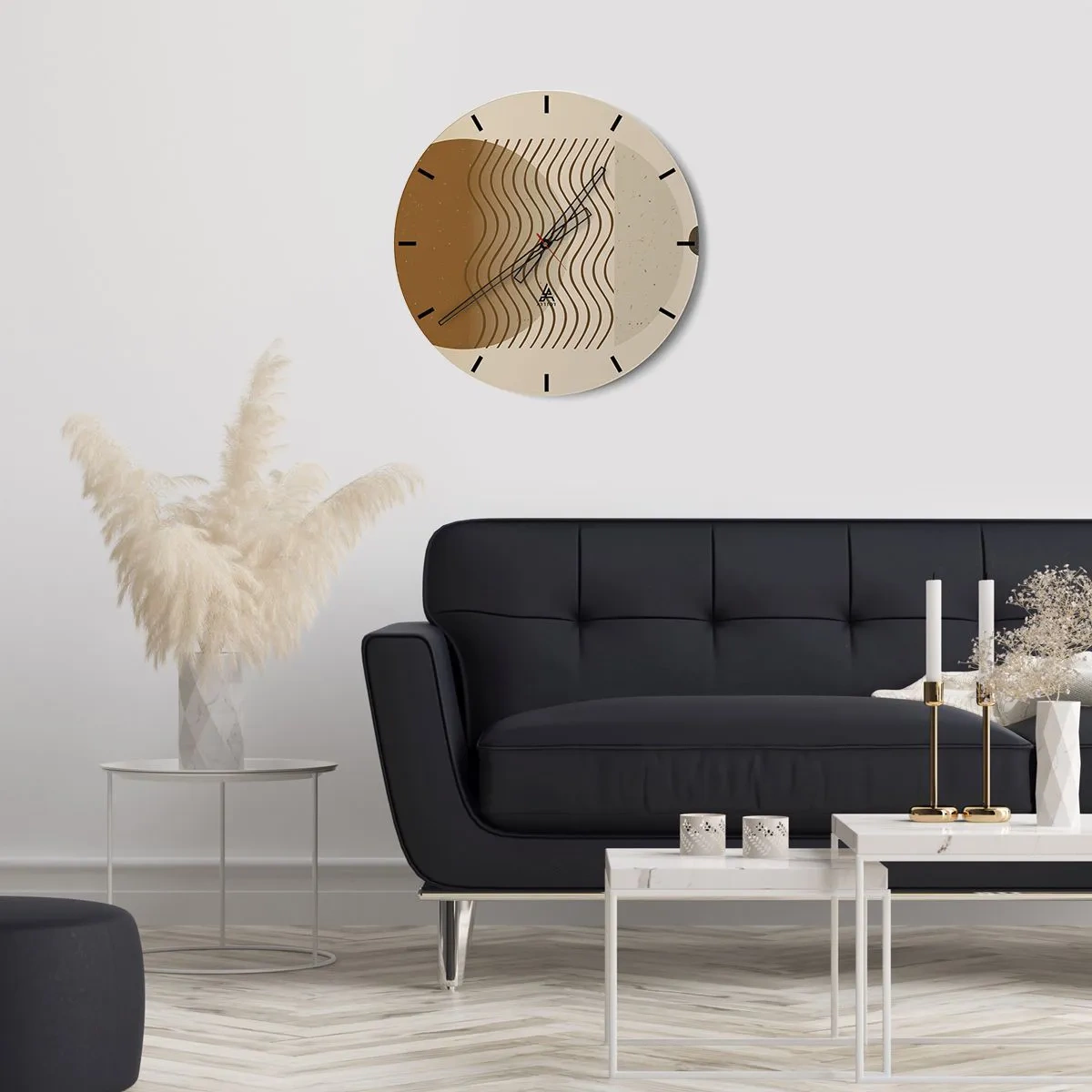 Ceas de perete - Ceas pe sticlă - Cercuri abstracte în nuanțe de roșu și albastru pe fundal negru - 30x30cm - Despre originea figurilor geometrice - Decorațiune modernă pentru perete pentru living, bucătărie și dormitor ARTTOR