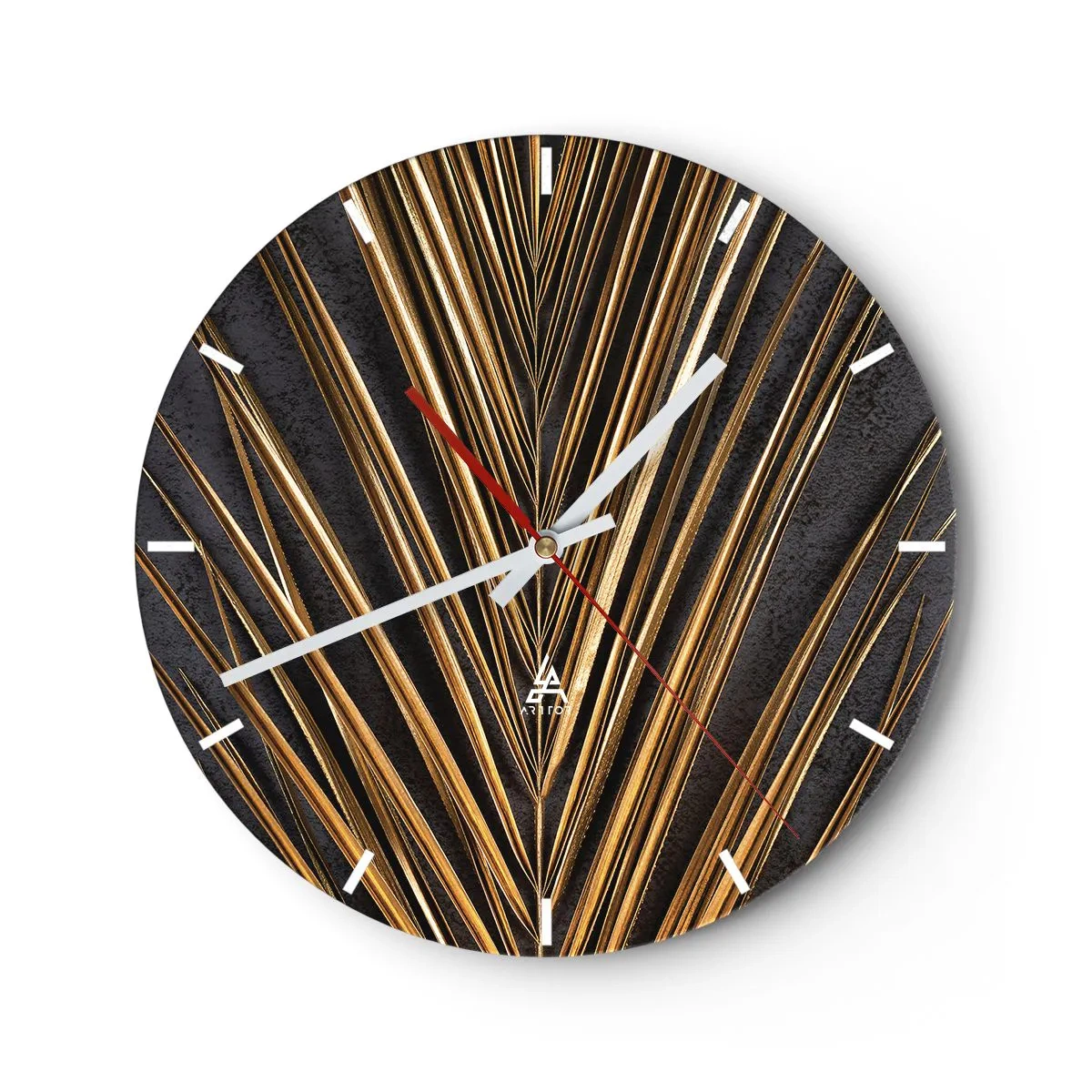 Ceas de perete - Ceas pe sticlă - Frunze de palmier aurii pe un fundal întunecat - 30x30cm - Aur tropical - Decorațiune modernă pentru perete pentru living, bucătărie și dormitor ARTTOR