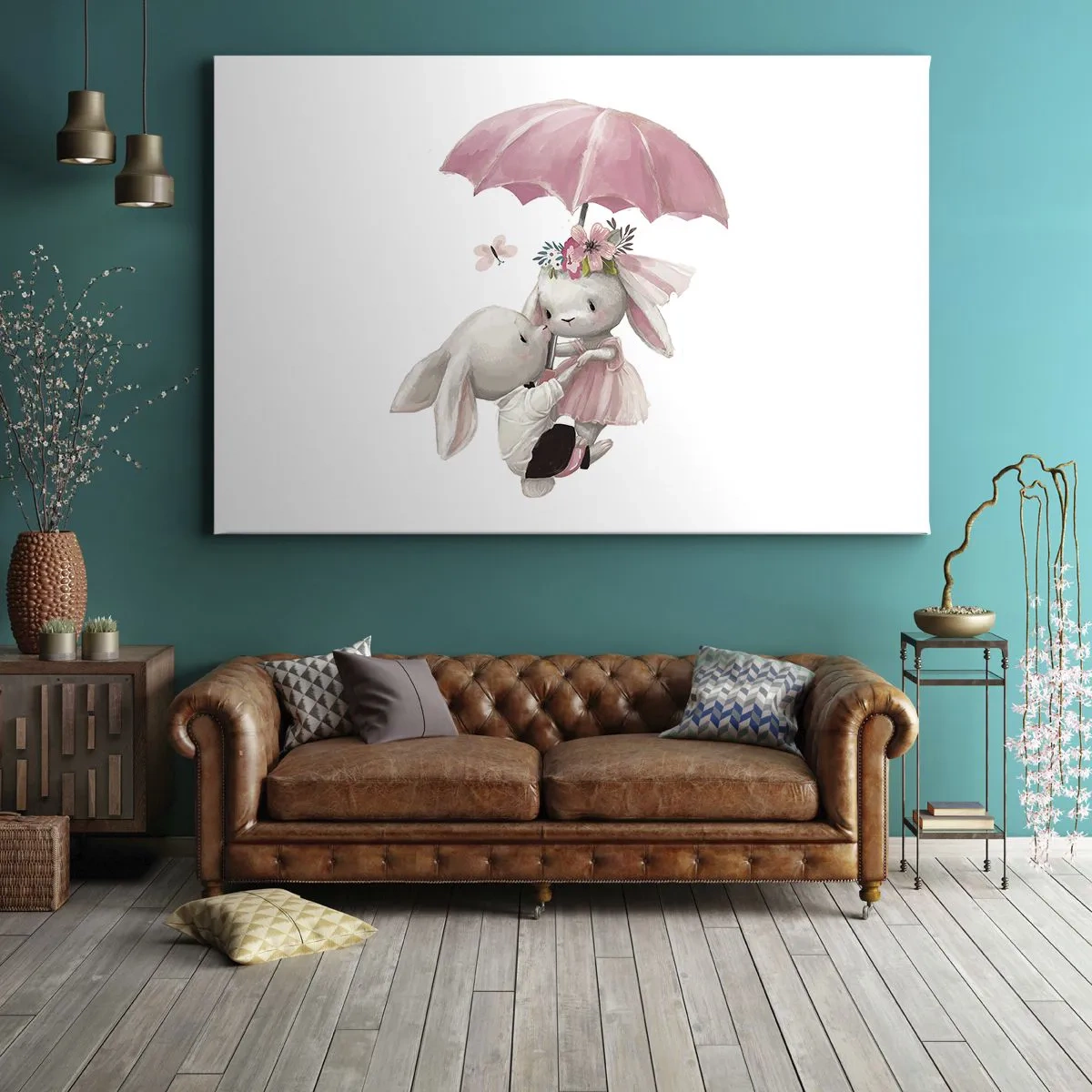 Tablou pe pânză Canvas - Iepurași drăguți sub o umbrelă roz - 70x50cm - Pur și simplu dragoste - Decorațiune modernă pentru perete pentru living și dormitor ARTTOR