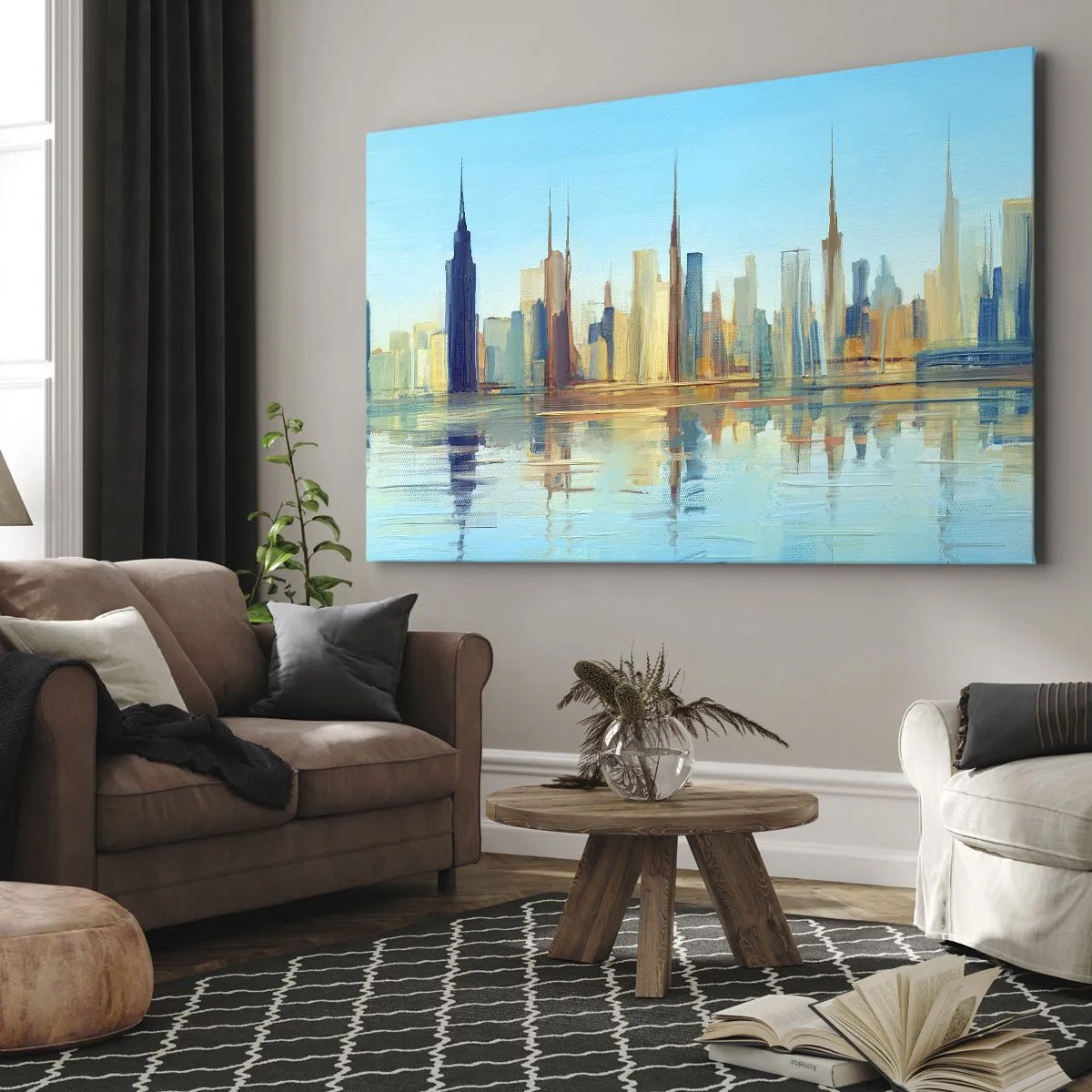 Tablou pe pânză Canvas - O panoramă a orașului în culori calde, cu reflexii în apă - 70x50cm - Metropola însorită - Decorațiune modernă pentru perete pentru living și dormitor ARTTOR