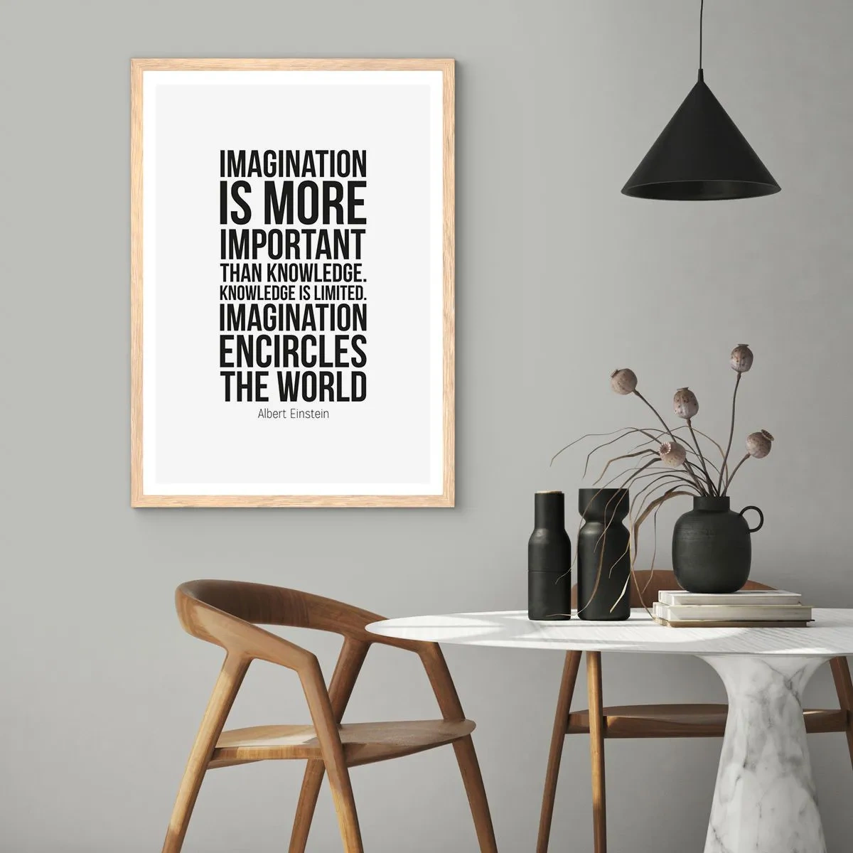 Poster în ramă de stejar deschis - Einstein despre puterea imaginației - 40x50 cm
