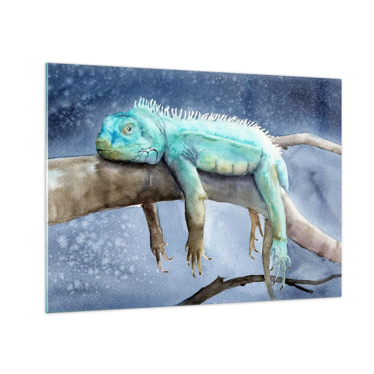 Tablou pe sticlă - Iguana albastră întinsă pe o creangă în stil acuarelă - 70x50cm - Este bine! - Decorațiune modernă pentru perete pentru living și dormitor ARTTOR