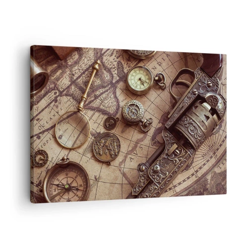 Tablou pe pânză Canvas - Obiecte antice pe o hartă veche în stil retro - 70x50cm - Sugestii de aventură - Decorațiune modernă pentru perete pentru living și dormitor ARTTOR