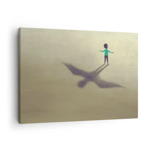 Tablou pe pânză Canvas - O figură simbolică a unui copil cu umbra unei păsări pe un fundal în nuanțe calde. - 70x50cm - Eroul viitorului - Decorațiune modernă pentru perete pentru living și dormitor ARTTOR