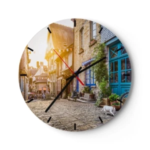 Ceas de perete - Ceas pe sticlă - O stradă fermecătoare cu case de tip bloc, flori și un câine alb - 30x30cm - Fantoma albă a orașului - Decorațiune modernă pentru perete pentru living, bucătărie și dormitor ARTTOR