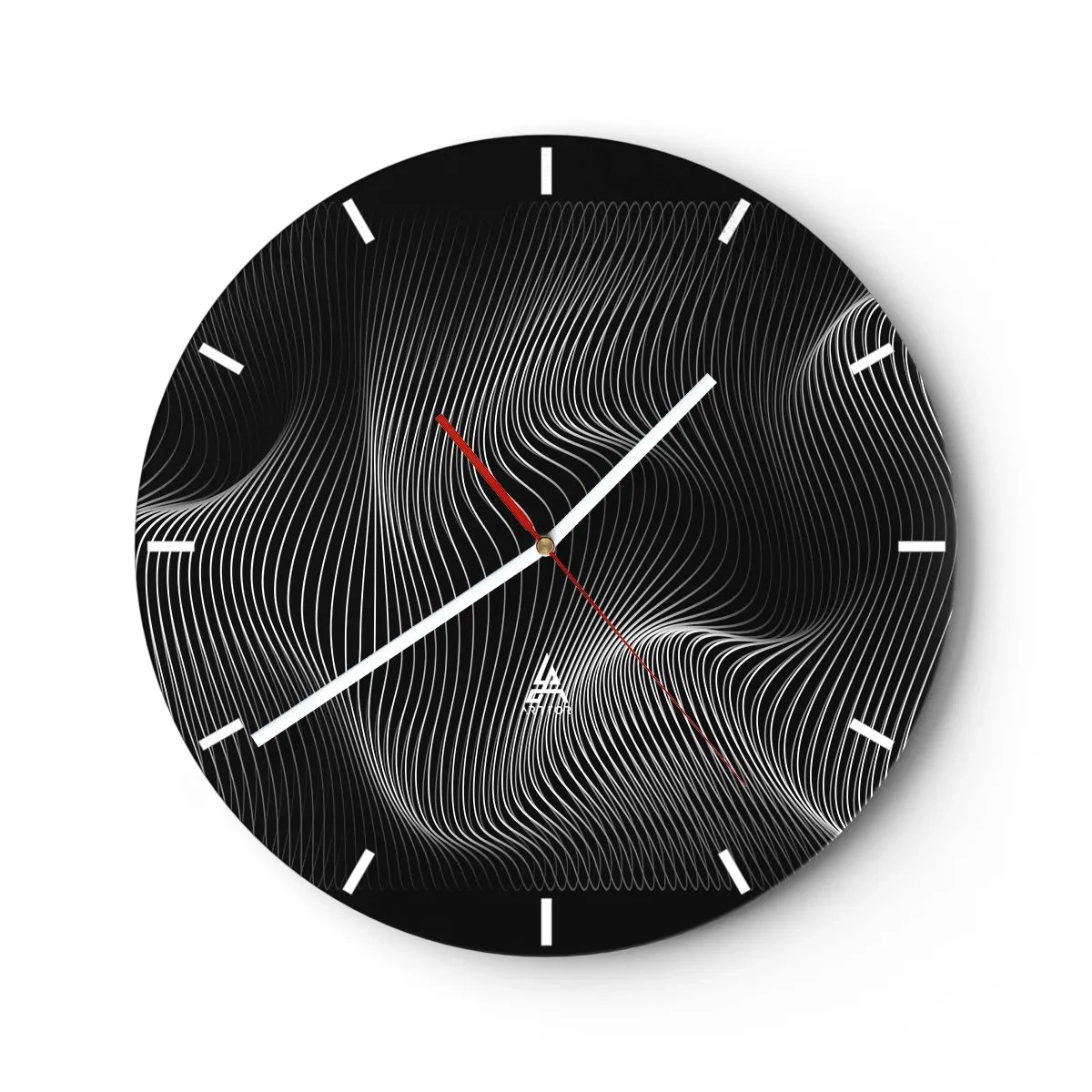 Ceas de perete - Ceas pe sticlă - Linii albe hipnotizante pe fundal negru creând o undă optică. - 30x30cm - Dansul luminii în spațiu - Decorațiune modernă pentru perete pentru living, bucătărie și dormitor ARTTOR