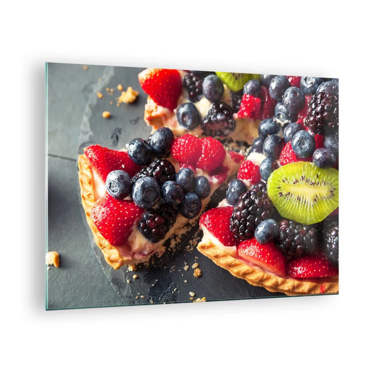 Tablou pe sticlă - Tartă cu fructe, afine, kiwi și căpșuni - 70x50cm - Dolce vita! - Decorațiune modernă pentru perete pentru living și dormitor ARTTOR
