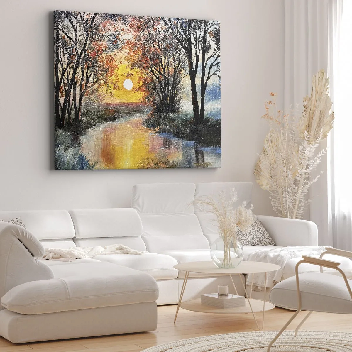 Tablou pe pânză Canvas - Apus de soare peste râu într-un peisaj de toamnă - 70x50cm - Atmosferă de toamnă - Decorațiune modernă pentru perete pentru living și dormitor ARTTOR