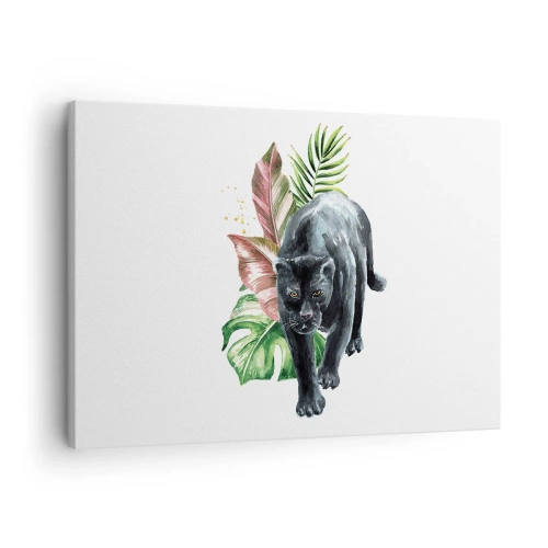 Tablou pe pânză Canvas - Panteră neagră înconjurată de frunze tropicale - 70x50cm - Sălbăticia inimii - Decorațiune modernă pentru perete pentru living și dormitor ARTTOR