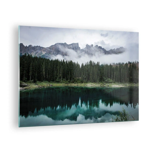 Tablou pe sticlă - Peisaj montan cu lac și pădure reflectate în apă - 70x50cm - Liniște, liniște, să nu trezim apa care doarme... - Decorațiune modernă pentru perete pentru living și dormitor ARTTOR