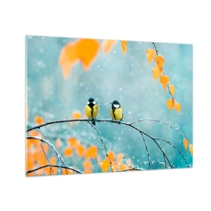 Tablou pe sticlă - Două pițigoi stând pe o crenguță printre frunzele care cad - 70x50cm - Bârfele păsărilor - Decorațiune modernă pentru perete pentru living și dormitor ARTTOR
