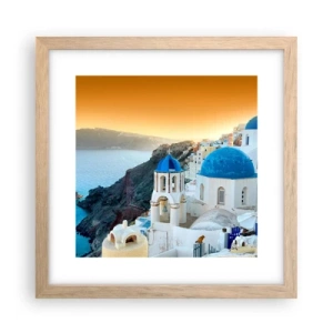 Poster în ramă de stejar deschis - Santorini - îmbrățișat de stânci - 30x30 cm