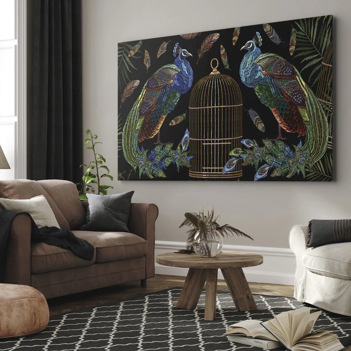 Tablou pe pânză Canvas - Păuni lângă o cușcă aurie pe fundal negru - 70x50cm - În veșmânt regal - Decorațiune modernă pentru perete pentru living și dormitor ARTTOR