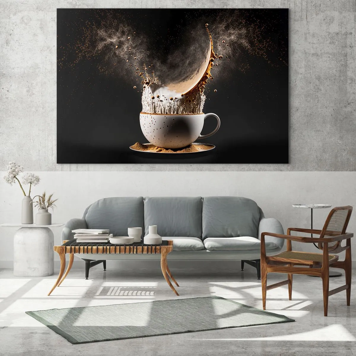 Tablou pe sticlă - Stropire de cafea cu lapte într-o fotografie dinamică - 70x50cm - O explozie de arome - Decorațiune modernă pentru perete pentru living și dormitor ARTTOR