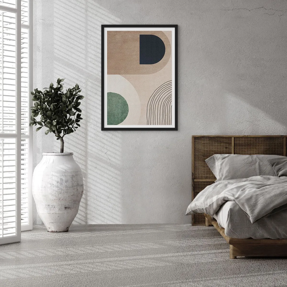Poster în ramă neagră - Abstracție geometrică în tonuri de bej, verde și negru - 50x70cm - Blândețea ovalului - Decorațiune modernă pentru perete pentru living și dormitor ARTTOR