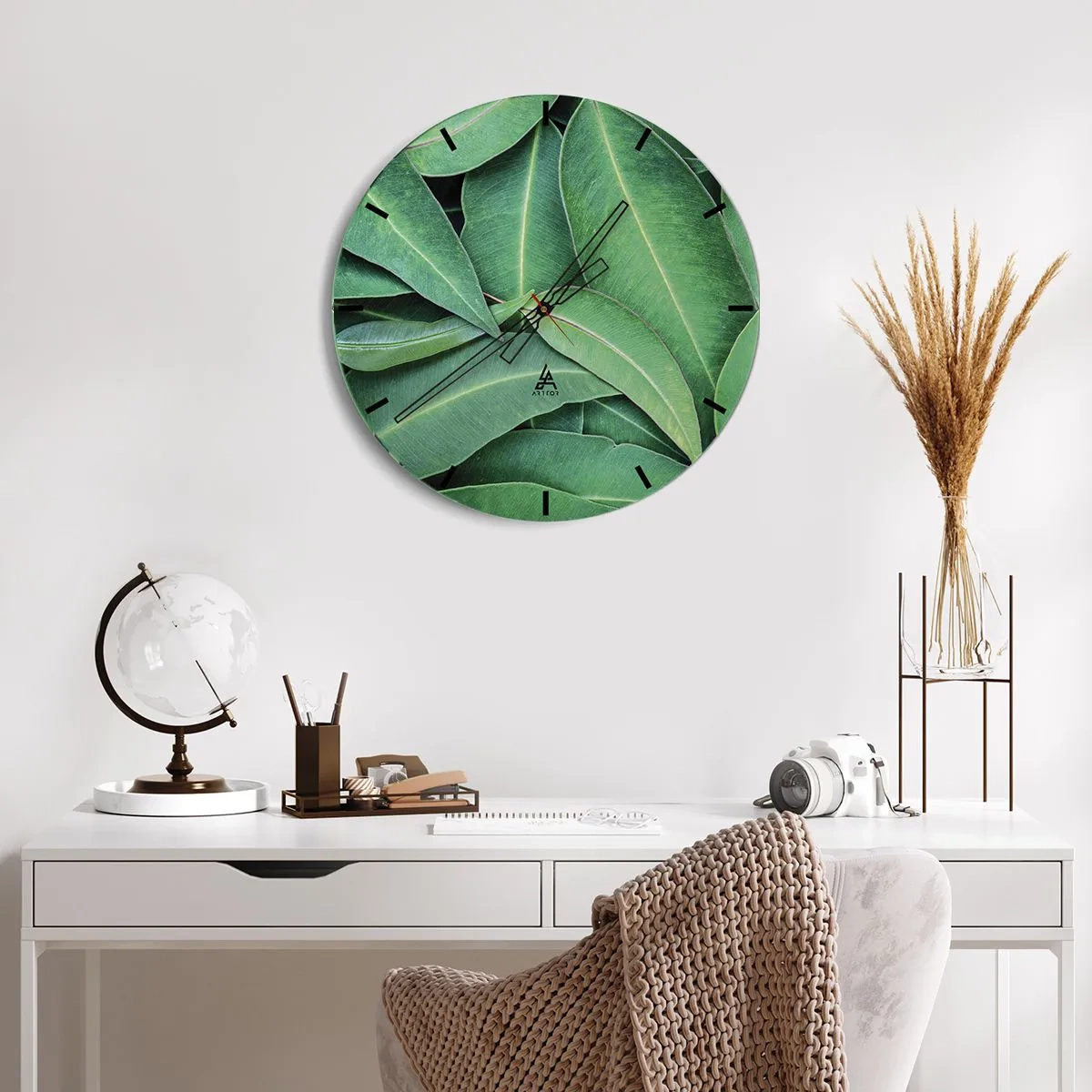 Ceas de perete - Ceas pe sticlă - Frunze verzi suculente într-o fotografie macro - 30x30cm - Suculente și proaspete - Decorațiune modernă pentru perete pentru living, bucătărie și dormitor ARTTOR