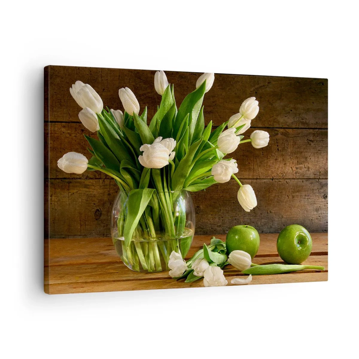 Tablou pe pânză Canvas - Un buchet de lalele albe într-o vază de sticlă cu mere verzi - 70x50cm - Suculente și proaspete în verde și alb - Decorațiune modernă pentru perete pentru living și dormitor ARTTOR