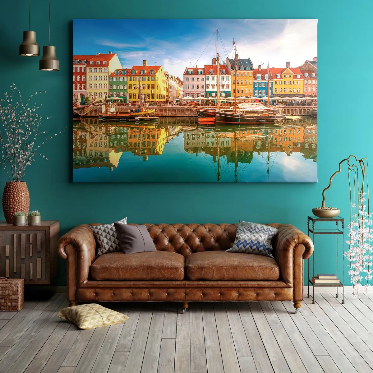 Tablou pe pânză Canvas - Case colorate pe canal în Copenhaga - 70x50cm - Spre o apă netedă ca o oglindă - Decorațiune modernă pentru perete pentru living și dormitor ARTTOR