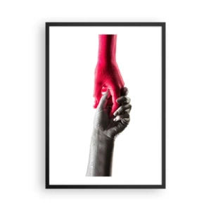 Poster în ramă neagră - Mâini simbolice în roșu și argintiu pe fundal alb - 50x70cm - Împreună, deși diferiți - Decorațiune modernă pentru perete pentru living și dormitor ARTTOR