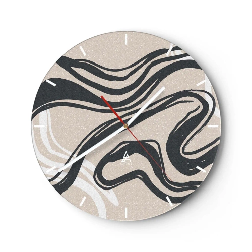 Ceas de perete - Ceas pe sticlă - Curbe negre pe un fundal bej într-un stil grafic - 30x30cm - Expresie multiplicată - Decorațiune modernă pentru perete pentru living, bucătărie și dormitor ARTTOR
