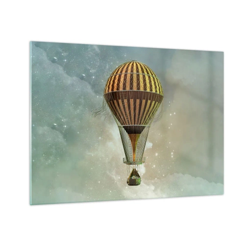 Tablou pe sticlă - Un balon stilizat pe fundalul unui cer înstelat și al norilor. - 70x50cm - Zboruri de pionierat - Decorațiune modernă pentru perete pentru living și dormitor ARTTOR