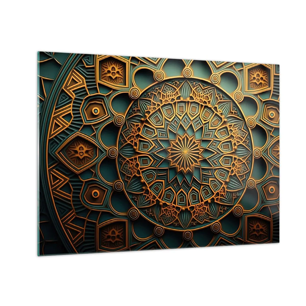 Tablou pe sticlă - Ornament din aur și turcoaz în stilul unui mozaic arab - 70x50cm - În stil arabic - Decorațiune modernă pentru perete pentru living și dormitor ARTTOR
