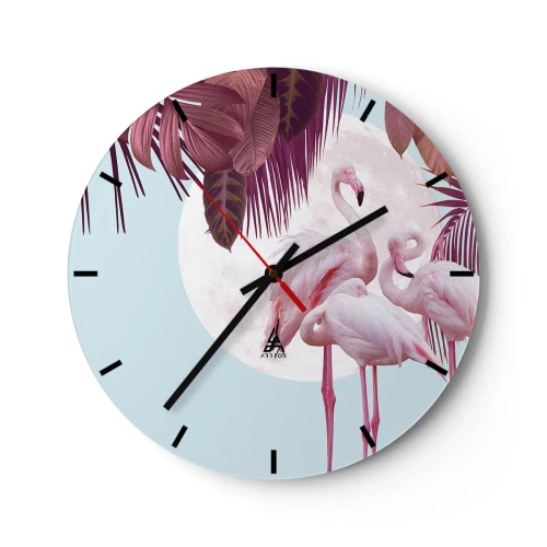 Ceas de perete - Ceas pe sticlă - Flamingo pe fundalul lunii și al frunzelor tropicale - 30x30cm - Harul a trei păsări - Decorațiune modernă pentru perete pentru living, bucătărie și dormitor ARTTOR