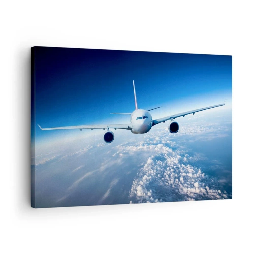 Tablou pe pânză Canvas - Un avion zburând deasupra norilor pe un cer albastru - 70x50cm - Zbor pentru că vreau - Decorațiune modernă pentru perete pentru living și dormitor ARTTOR