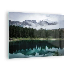 Tablou pe sticlă - Peisaj montan cu lac și pădure reflectate în apă - 70x50cm - Liniște, liniște, să nu trezim apa care doarme... - Decorațiune modernă pentru perete pentru living și dormitor ARTTOR