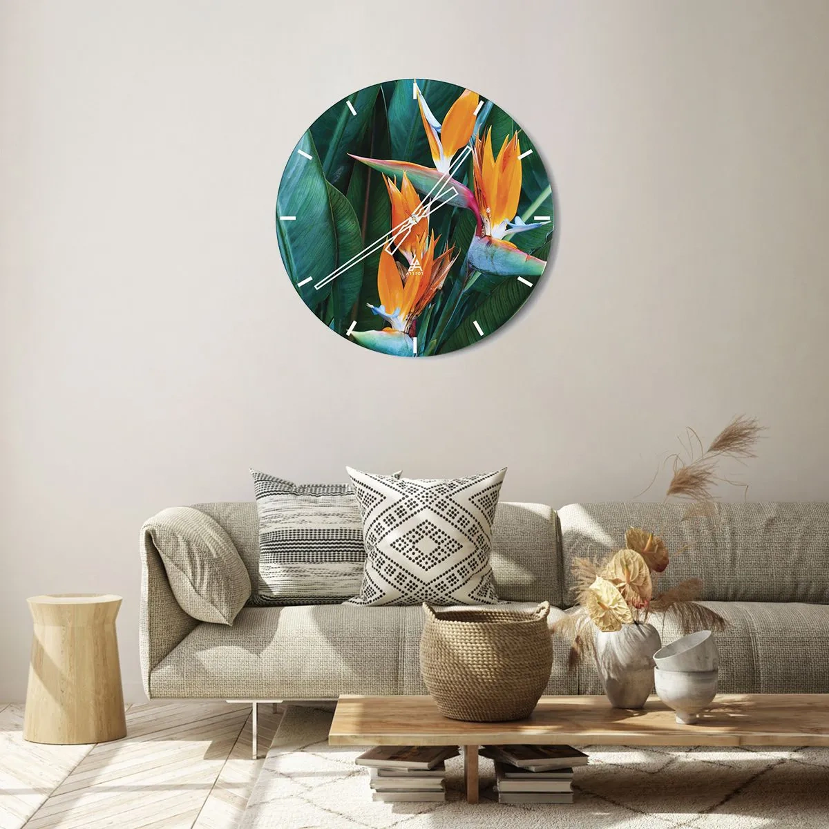 Ceas de perete - Ceas pe sticlă - Flori exotice de strelitzia pe un fundal de frunze verzi - 30x30cm - Este o floare sau o pasăre? - Decorațiune modernă pentru perete pentru living, bucătărie și dormitor ARTTOR
