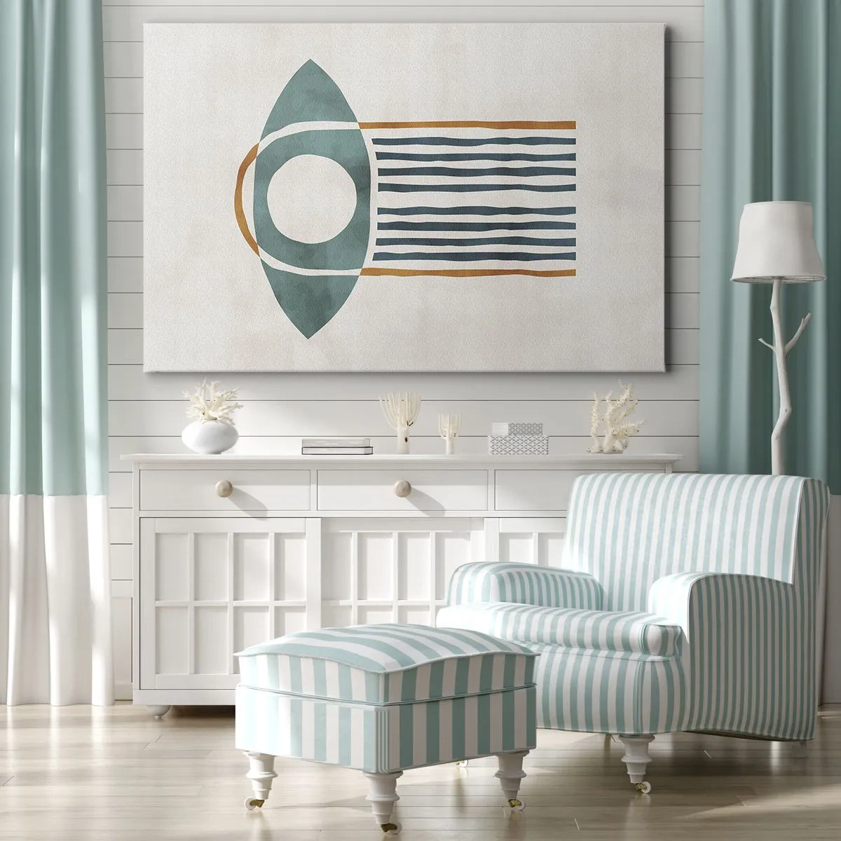 Tablou pe pânză Canvas - Model geometric în nuanțe de verde și portocaliu - 70x50cm - Semne și ritualuri - Decorațiune modernă pentru perete pentru living și dormitor ARTTOR